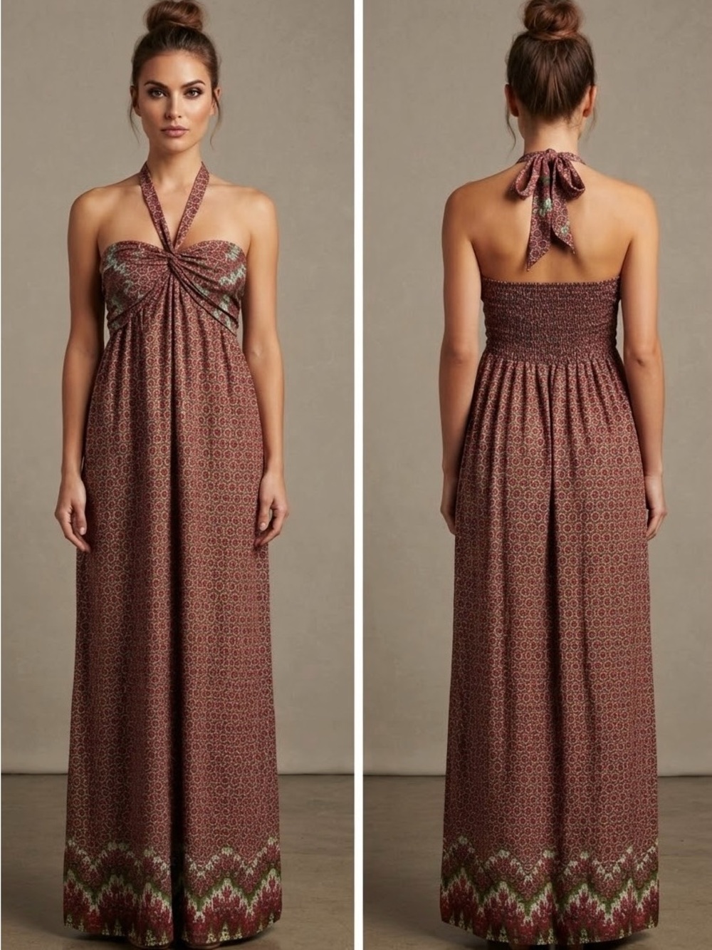 attention Burgundy Maxi Halter Dress with Green Border Print